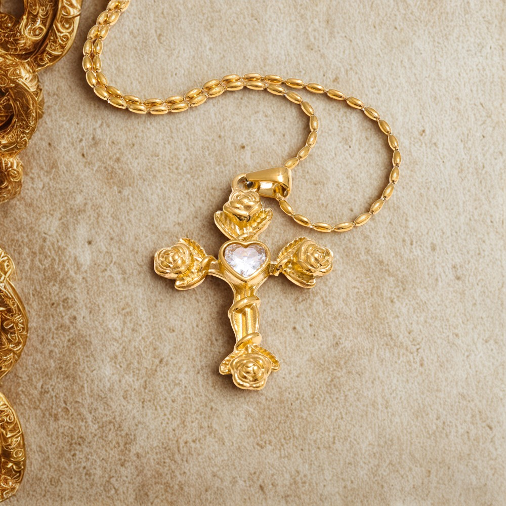 Fashion Zircon Rose Flower Cross Pendant Necklace 18K Aesthetic Golden Jewelry