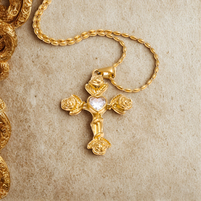Fashion Zircon Rose Flower Cross Pendant Necklace 18K Aesthetic Golden Jewelry