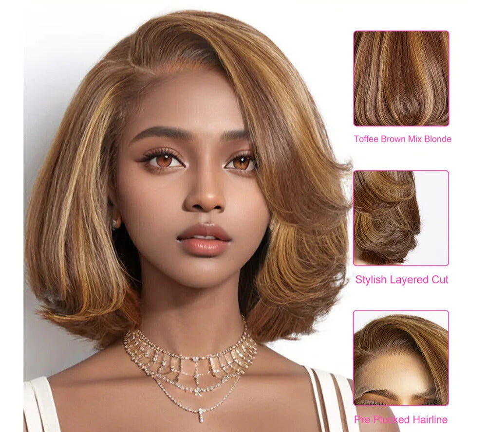 Toffee Brown Mix Blonde Bob Wig Glueless HD Human Hair